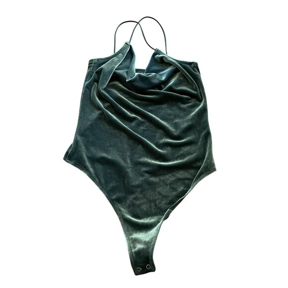 Abercrombie & Fitch Wmn S Green Velvet Criss-Cross Straps Cowl Neck Bodysuit NWT - Picture 2 of 13